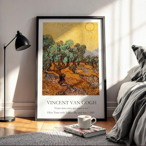 Image of Waltractive Vincent Van Gogh Paintings Framed Poster with Beautiful Quotes - Available in 33x22 and 48x33 CM - Classic Art Poster with sleek Black Frame - Elegant Home and Office Decor (Olive Trees with Yellow Sky and Sun, 9x13 Inch, Framed)