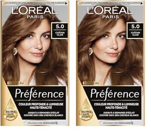 L’ORÉAL PARIS - Coloration Cheveux Permanente - Longue Durée & Lumineuse - Couvre 100% des Cheveux Blancs - Préférence - Nuance : Bruges (5.0), Châtain Clair (Lot de 2)
