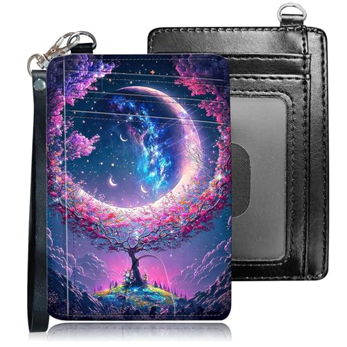 Qindaiwen Slim RFID Blocking Card Holder Wallet with Wrist Strap - Minimalist Front Pocket Wallet, Trees Surround the Moon Design, PU Leathe, for Men & Women, Ideal for Travel & Gifts