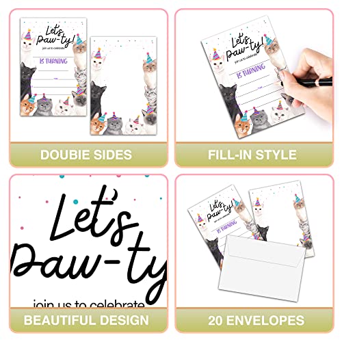 Cat Birthday Invitations With Envelopes - Kitty Cat Birthday Party Invitation Card - Let's Paw-Ty Fill-In Invites Cards - Cute Pet Party Celebration (20 Pack)-25 #TOP2