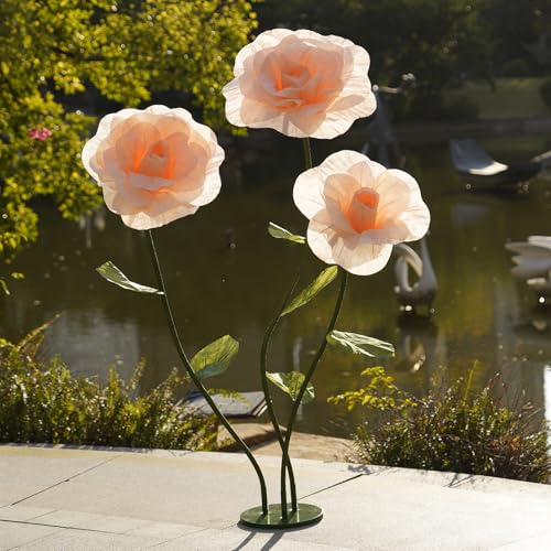 ZEYEXE Giant Roses Artificial Flowers for Decoration with Stand,Oversized Handmade Paper Rose Decoration for Wedding,Party,Window Display,Photography Prop,Valentine’s Day & Event Decor(Champagne)