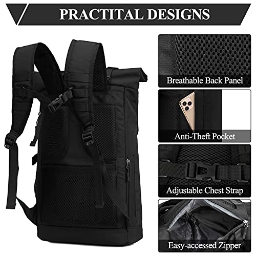 Kasqo Laptop Backpack For Men, 17 Inch Rolltop Large Capacity Water Resistant Travel Casual Daypack, Black #TOP4