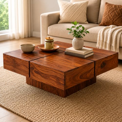 Image of Douceur Furnitures Solid Sheesham Wood Coffee Table for Living Room | Wooden Centre Table & Tea Table for Hallway, Balcony, Home, Office, Hotel & Cafe | Honey Teak Finish