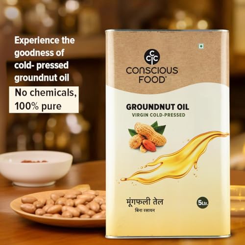 Image of Conscious Food Cold Pressed Groundnut Oil | 5 Litre | Peanut Oil | Natural | Cooking Oil | Kolhu /Kacchi Ghani /Chekku | Mungfali tel