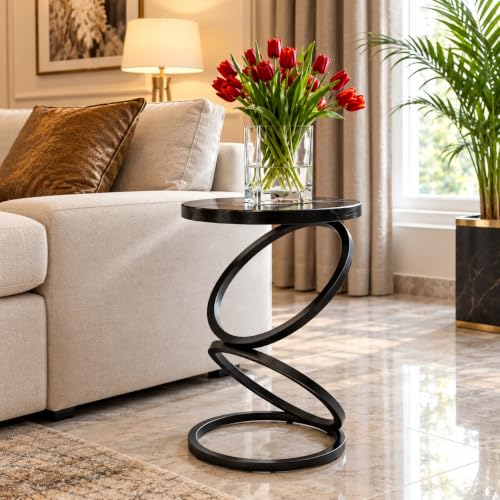 Image of Modern Black Side Table with Glass Top, Round End Table for Living Room & Bedroom