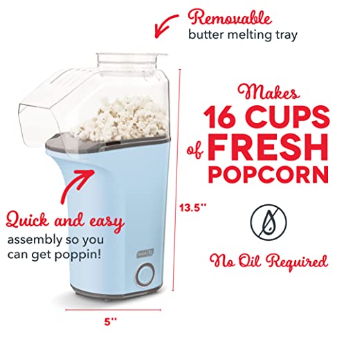 Dash Hot Air Popcorn Popper Maker With Measuring Cup To Portion Popping Corn Kernels + Melt Butter, 16 Cups - Dream Blue #TOP3