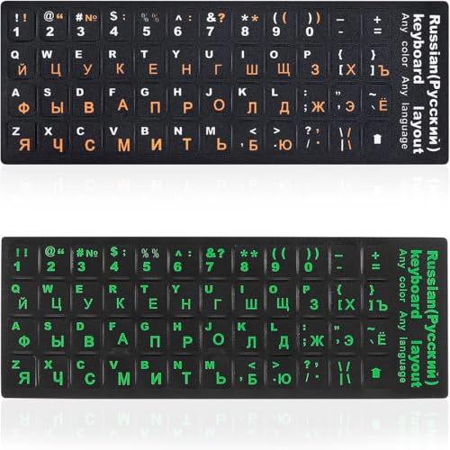 AFCJLTO Adesivi Tastiera Russo-Inglese Confezione 2 Sostitutivi Bilingue - Adesivi per PC, Computer, Notebook - Sfondo Nero 1 Verde 1 Arancione