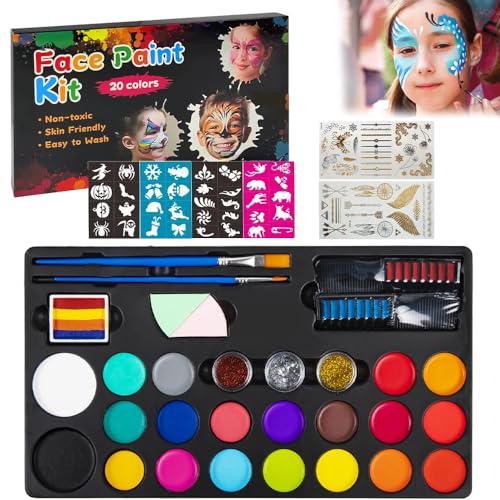 Image of BRAINLE Kids Face and Body Paint Kit: Water-Based, Non-Toxic, 20-Color Oil Palette with 3 Glitters, 2 Hair Chalk Combs, 2 Paint Brushes, 32 Stencils, Tattoo for Parties, Facepaint, Halloween Makeup