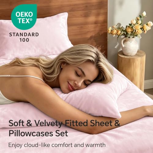 Image of BEDELITE Flannel Full Fitted Sheet & Pillowcases Set, Pink, 3 Pieces | Ultra Soft Plush Fleece Bed Sheet with Elastic Corner Straps, 16 Inch Deep Pocket, Fuzzy All-Season Gift & Room Decor