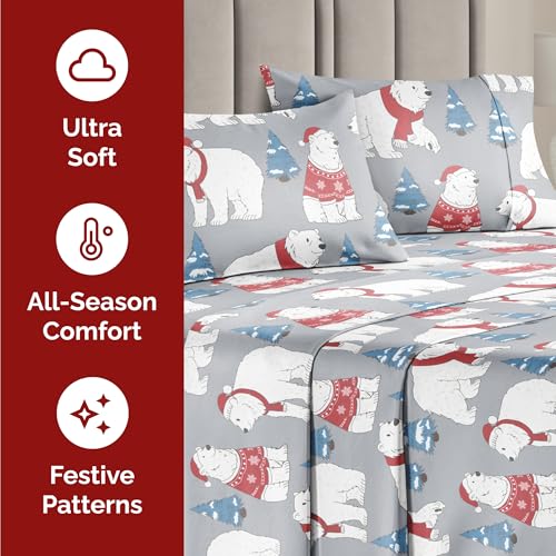 Split King Christmas Santa Bears Sheet Set - Holiday Xmas Pattern Bedding Set - Deep Pockets - Snug Fit - 5 Piece - Wrinkle Free - Comfy Festive Winter - Holiday Sheets for Women, Men, Kids & Teens