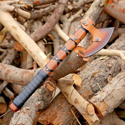 Image of Viking Axe of Ragnar Lothbrok Hunting Axe with Rosewood Handle - Hand-Forged High Carbon Steel Sharp Blade, Handmade Camping Axes, Hatchet-Norse Ax, Tomahawk Vikings Bearded Axes, with Leather Sheath