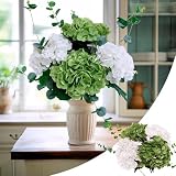 KP HOME Ramo de Hortensias Artificiales con Acabado Realista, Grande 50 cm – Set de 4 Flores Artificiales Decoracion Verde y Blanco + 2 Ramas de Eucalipto para Hogar, Boda, Fiesta, Oficina