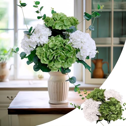 KP HOME Ramo de Hortensias Artificiales con Acabado Realista, Grande 50 cm – Set de 4 Flores Artificiales Decoracion Verde y Blanco + 2 Ramas de Eucalipto para Hogar, Boda, Fiesta, Oficina