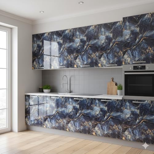 Image of VKR Removable Self Adhesive Wallpaper Roll | Waterproof Peel & Stick Vinyl Sheet for Kitchen Countertops, Wardrobes, Tables & Furniture Covering (Dark Blue Gold, Pack of 1)