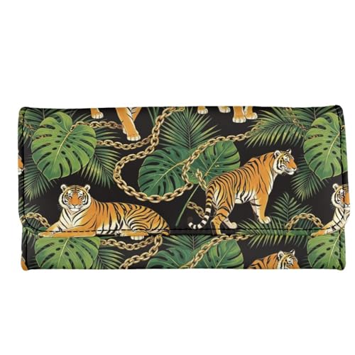 Image of AFPANQZ Wallet for Women Credit Card Holder with Coin Purse and Zipper Wallet, Tiger Monstera Print Women's Clutch Organizer with Christmas Lights Snowman Crutch