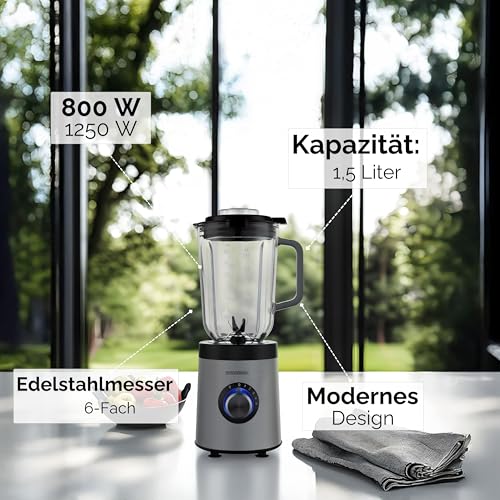 Steinborg® Standmixer Glas Edelstahl 800 Watt 1,5 Liter Glaskrug Universal Power Mixer Smoothie Maker Zerkleinerer Multifunktionsmixer 6-Fach Messer Ice Crusher 5 Stufen + Pulse Funktion – Bild 5