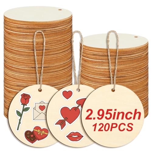 Jetec 120 Pcs Valentine's Day Wooden Circles with Holes Unfinished Round Discs for DIY Craft Painting, Engraving, Easter Ornaments, Gift Tags, Wedding Decorations