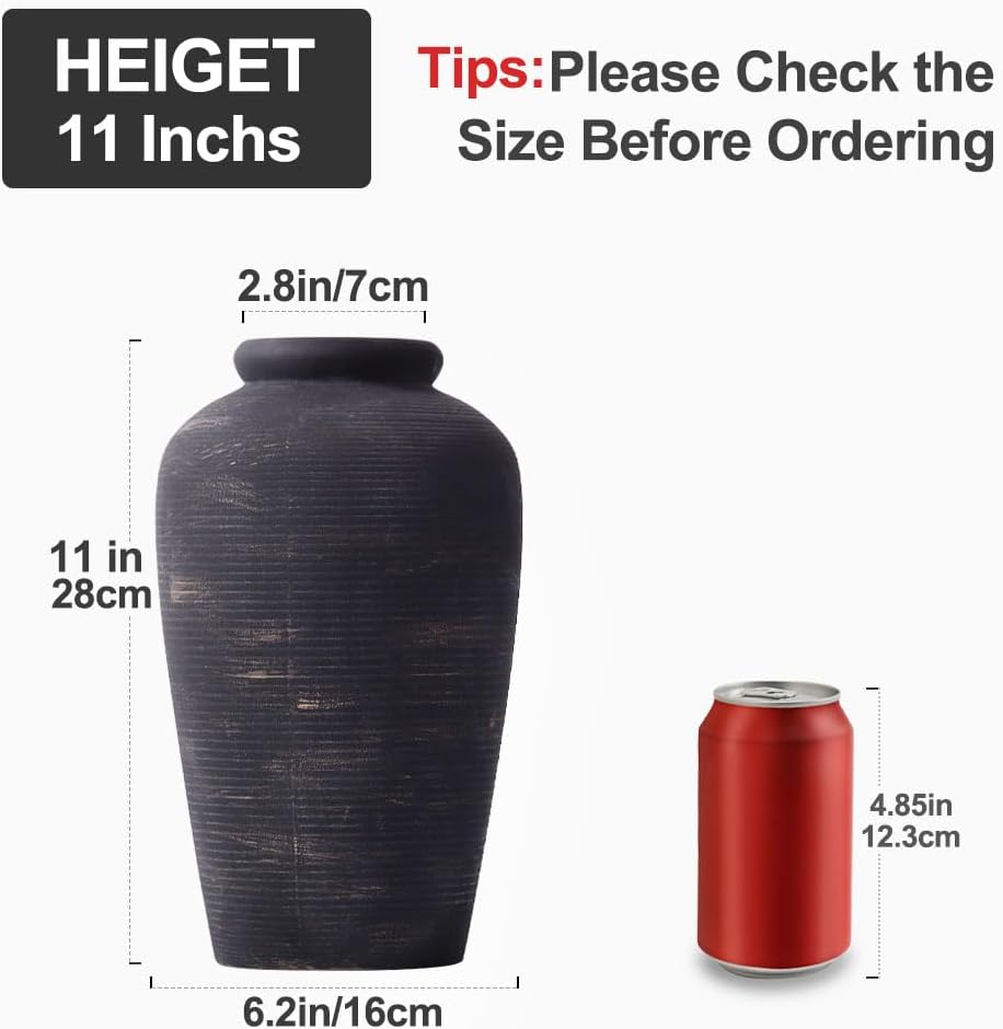 Large Black Vase - 11" Tall Rustic Farmhouse Vase, Black Ceramic Vintage Decorative Vase for Dining Table, Shelf, Bedroom, Living Room, Kitchen, Office, Bathroom, Mantle, Centerpiece Décor - Image 2