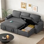 Sofa Bed, L Shaped Pull Out Sleeper Sectional Couch Bed with USB & Type-C Ports, 3 in 1 Corduroy Convertible Sofa Bed with Adjustable Backrest, Storage Chaise, Cup Holder for Living Room (Grey)