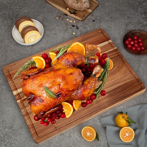 Large Wood Cutting Board for Kitchen, 20 x 15 Inch Acacia Wood Cutting Board with Deep Juice Groove, 1.5" Thick Butcher Block Cutting Board for Meat Vegetables, Turkey Tray for Christmas