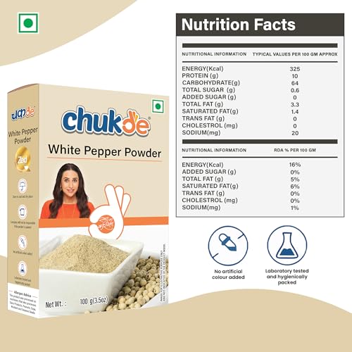 Image of Chukde - Safed Mirch Powder - White Pepper Powder - Aromatic Spice for Cooking - Authentic To Enhance Flavor of Dishes - Perfect for Soups, Sauces, and Seasoning - 100 Gm