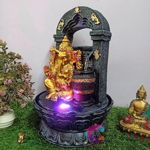 Image of Ganesh Ganpati Table Top Water Decorative Fountain for Home Decor /Office /Indoor & Outdoor /Garden /Puja Room /Vaastu (C-021, Golden Ganesha Matki)