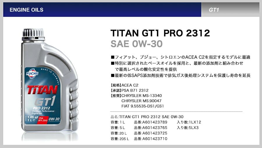 Amazon | FUCHS TITAN GT1 PRO 2312 SAE 0W-30 5L フックス オイル
