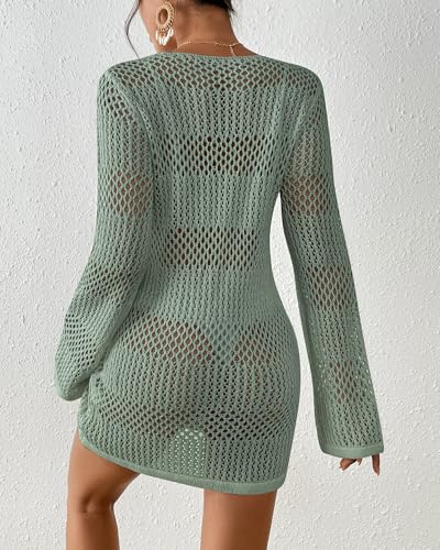 Image of Bsubseach Women Swimsuit Crochet Coverup Long Sleeve V Neck Beach Dress