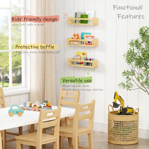 Floating Nursery Book Shelves for Wall, Natural Wood Wall Bookshelf for Kids Room Bedroom, Small Wooden Hanging Baby Book Shelf and Toy Organizer for Nursery Girl Boy Toddler Child - Set of 3 - Image 5