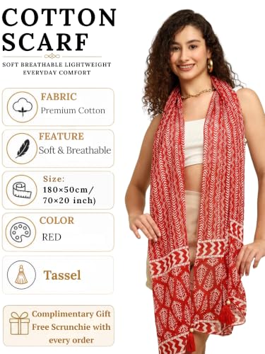 Image of KE KANHA EXPORTS Scarf for Women Premium Cotton Boho | Dual Tone Border Print Stole with Tassels | Lightweight Summer Beach Wrap 180 x 50 cm FREE Scrunchie Included