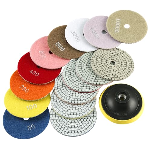 LOZLIN 4" Diamond Polishing Pads 16PCS 50-10000 Grit Hook & Loop for Stone