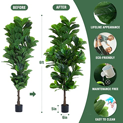 Floworld FLFT185 Fiddle Leaf Fig Tree 6Ft Tall Artificial Tree In Plastic Pot Fake Ficus Lyrata Plants With 184 Decorative Fiddle Leaves Faux Fig Trees For Home Office Living Room Decor Indoor Outdoor thumb #2