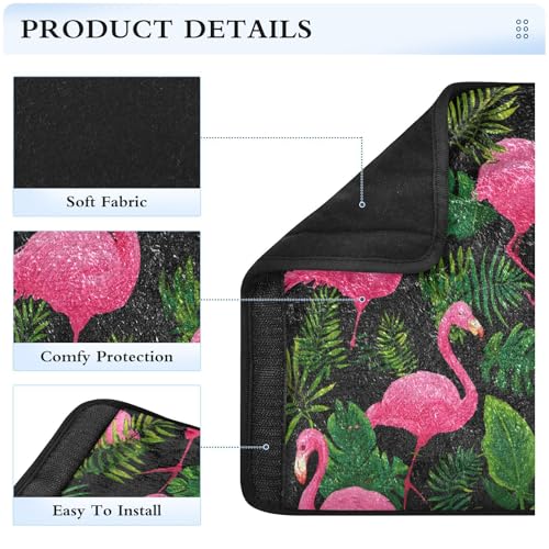 Image of Hot Pink Flamingos and Green Tropical Leaves Seat Belt Cover Pad 2 Pcs Soft Cute Seatbelt Covers Protector Support Head Neck Shoulder Strap for Car Seats High Chair Backpack for Adults Kids Wom