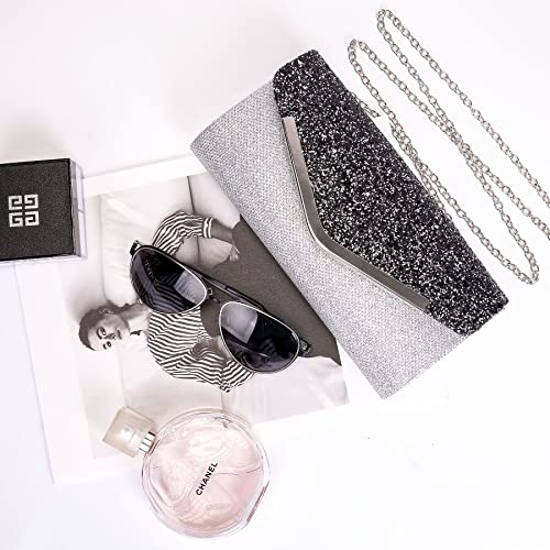 Larcenciel Pochette Donna, Cuciture Argento e Nere - Borse Cerimonia Paillettes con Catena Staccabile, Borsa Tracolla Donna Elegante per Matrimonio, Ballo di Fine Anno, Appuntamento