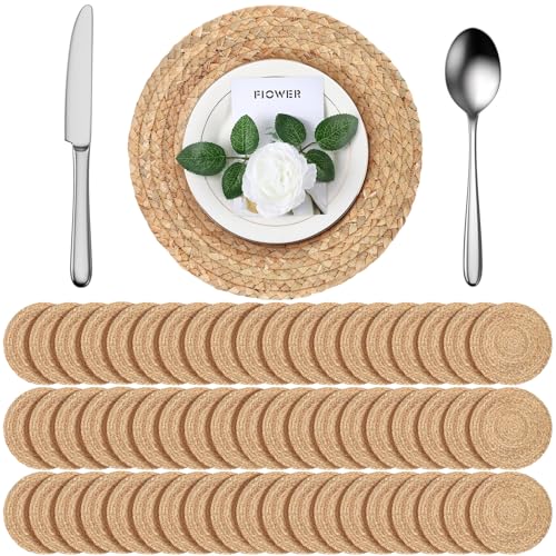 Image of FoldTier 60 Pcs Round Placemats Bulk Plate Chargers Set 11.8 Inch Woven Placemat Rustic Braided Straw Rattan Charger Natural Water Hyacinth Place Mat for Wedding Party Table Single Tableware Use