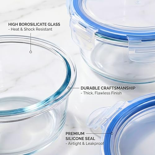 Image of ALTITUDE Borosilicate Round Glass Food Container Set with Airtight Locking Lids, 900ml 600ml 375ml, Insulated Tiffin Bag & 120ml Glass Jar, Microwave Oven Freezer Safe