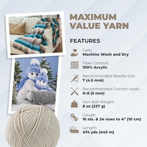 Image of Mary Maxim Maximum Value Acrylic Yarn for Crocheting and Knitting, Soft Worsted Weight Yarn 4, Ideal for Blankets, Sweaters, Hats, and Scarves, 8 oz Skein (474 Yds), Cottonwood