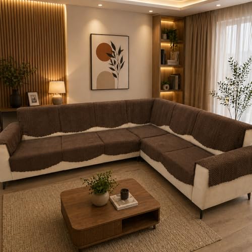 Image of BLUSH & BLOOM 7 Seater L-Shape Sofa Cover, Quilted Texture, Sectional Couch Protector for Living Room-Pack of 14 (Coffee)