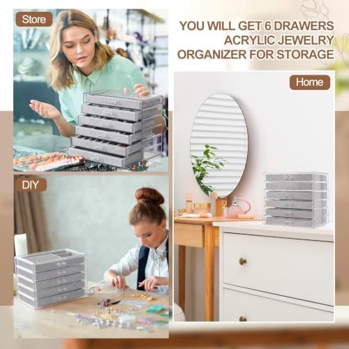 Cinnvoice 6 Drawer Acrylic Jewelry Organizer with Velvet Lined Trays, Jewelry Box with Drawers for Earrings, Rings, Necklaces, Brooch, Stackable Storage Organizer for Women, Gift Ready (Grey,Clear) - 4
