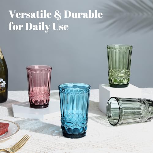 Joeyan Zestaw 4 szklanek do picia w stylu vintage, 410ml szklanka highball tumbler do wody z wytłoczonym wzorem serpentynowym, kolorowe wysokie szkło na napoje kubki na Boże Narodzenie wesele