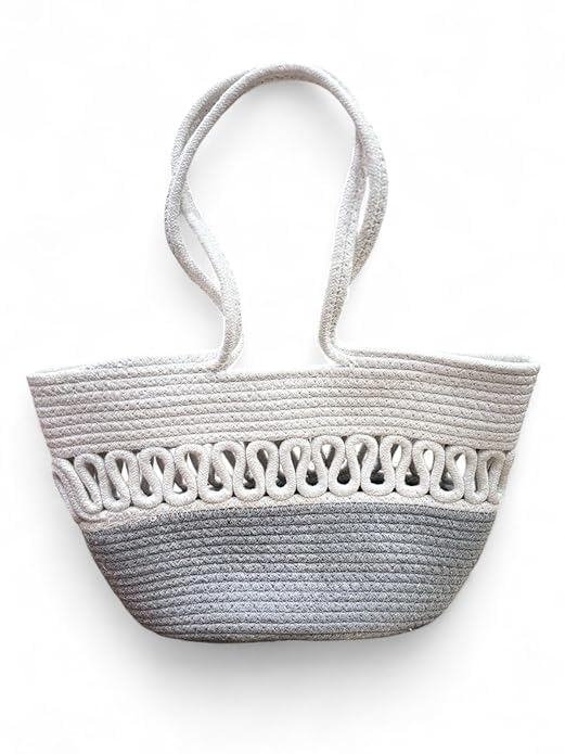 Zeblr Attractive Hand Bag | Basket Bag | Bamboo Tote | Beach Bags for Women|Boho Bag|Handbag |Jute Bag (GREY WHITE | Size; 29 x 38 x 29 Centimeters)