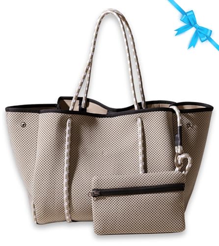 POPUPS Large Neoprene Tote Bag for Women - Everyday Designer Handbag for Travel Work and Beach with Pockets and Zipper Pouch