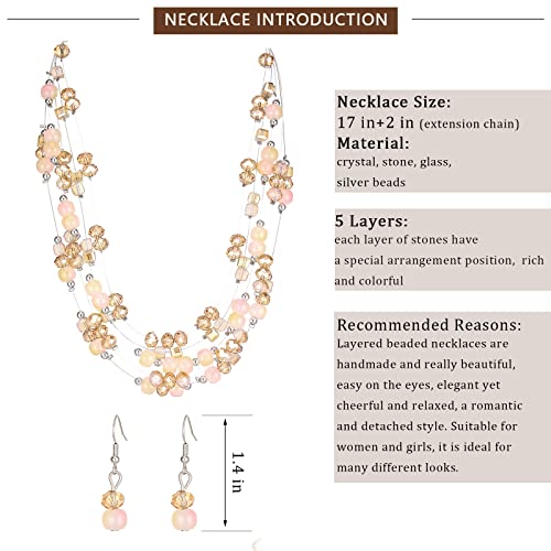 Layered Chunky Statement Necklace For Women Colorful Boho Beaded Necklaces And Earring Set Fashion Costume Jewelry For Women(Champagne Pink) #TOP4
