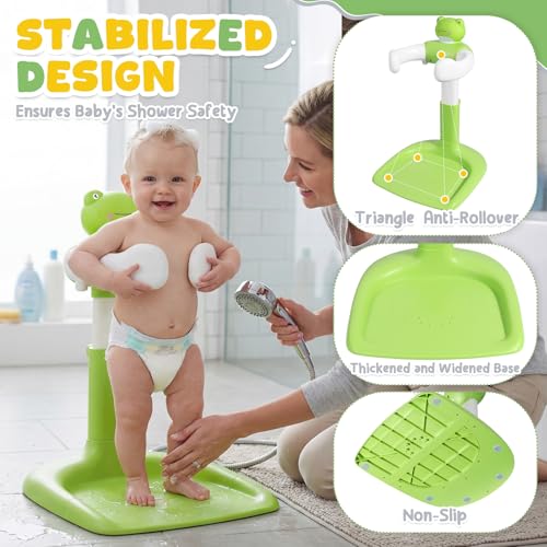 Image of Orzbow Baby Bath Stand, Adjustable Height Baby Shower Stand, Toddler Shower Standing Support with Non-Slip Base for Infant 6-36 Months, Easy-Use, Ideal Gift, Green