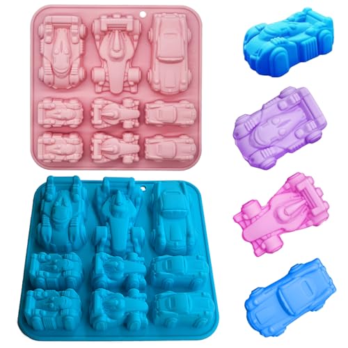 2-Pack 3D Racing Car Silicone Molds - 9-Cavity Jello, Chocolate, DIY Baking Tools for Kids - Ideal for Chocolate Cakes Decor, Desserts, Gummy Candy, Mousse, Pastries, Cupcake Toppers, Soaps  