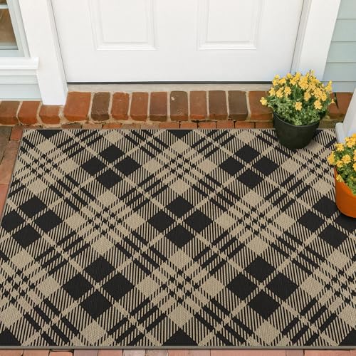 JTJ Vintage Indoor Entrance 4x3 Rug - Easy Jute Woven Door Mat for Indoor Area, 3x4 Large Kitchen Rug, Washable Low Pile Black and White Geometric Aes