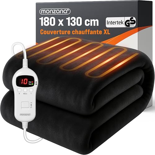 Monzana® Couverture chauffante 180x130cm 2 Places 10 Niveaux de Chauffage minuteur arrêt Automatique surmatelas Chauffant électrique Anthracite