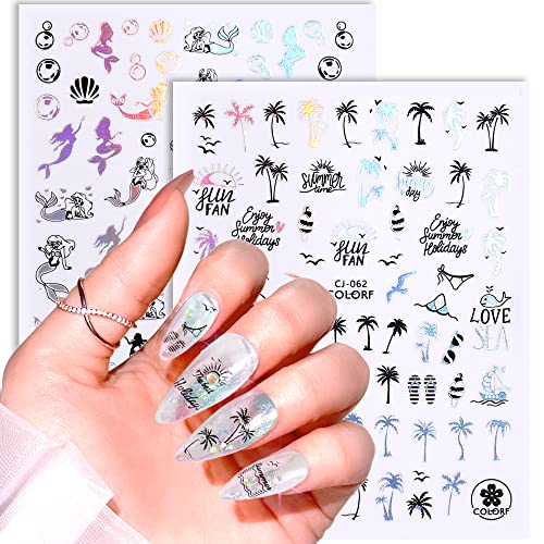 Summer Beach Nail Stickers 9 Sheets Self-Adhesive Nail Art Decal Palm Tree Mermaid Tropical Nail Design Decoration #TOP22