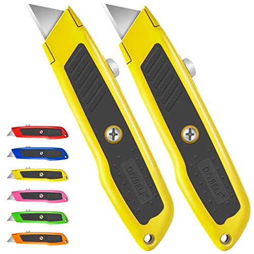 Image of DIYSELF 2 Pack Box Cutters, Razor Knife Utility Cardboard Cutter, Heavy Duty Utility Knife Retractable, Secure Locking, Aluminum Box Cutter Shell, for Home, Office, School, Warehouse (Yellow)