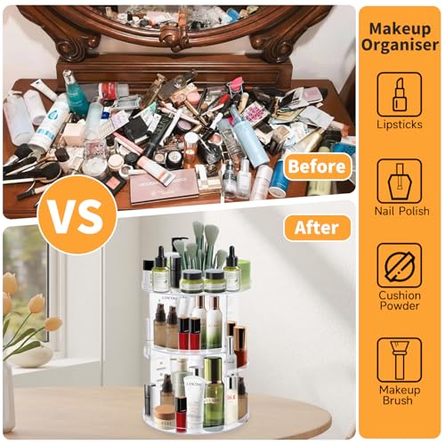 FHISKUNYU Drehbarer Make-up-Organizer 360° Transparent – Kosmetik-Aufbewahrung für Lippenstifte, Lidschatten & Pinsel – Stylischer Aufbewahrungsbox für Schreibtisch, Badezimmer, Schlafzimmer oder Komm